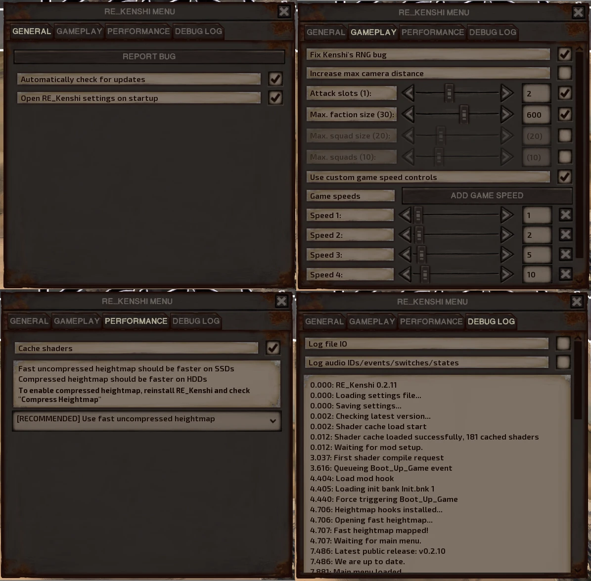 Four RE_Kenshi settings tabs showing general, gameplay, performance, and debug log panels